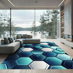 Modern Teal Blue Geometric Hexagon Rug