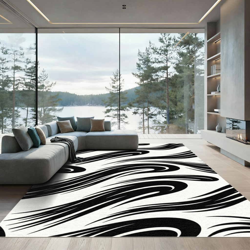 Bold Black Abstract Swirl Rug