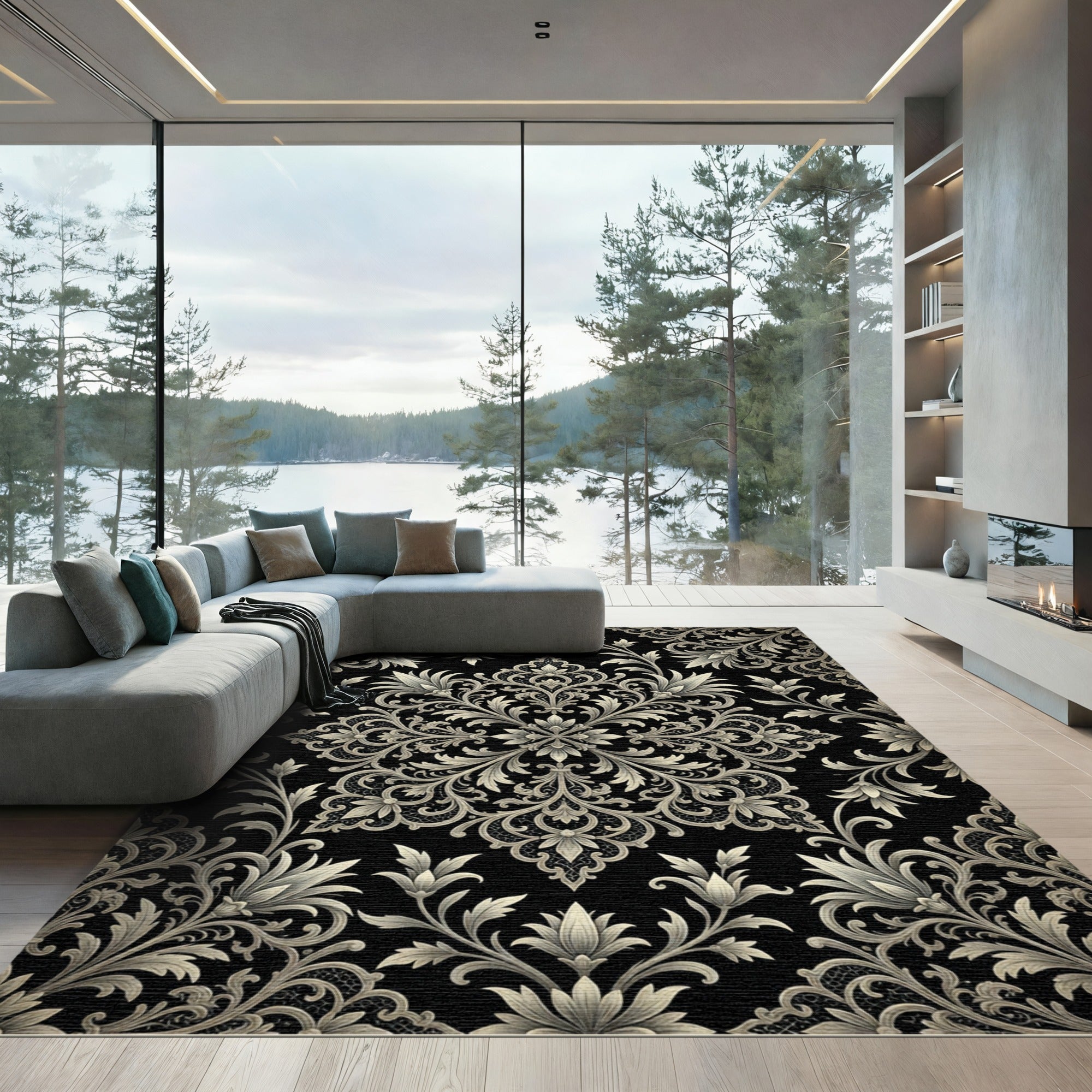 Intricate Black Ivory Acanthus Scroll Rug