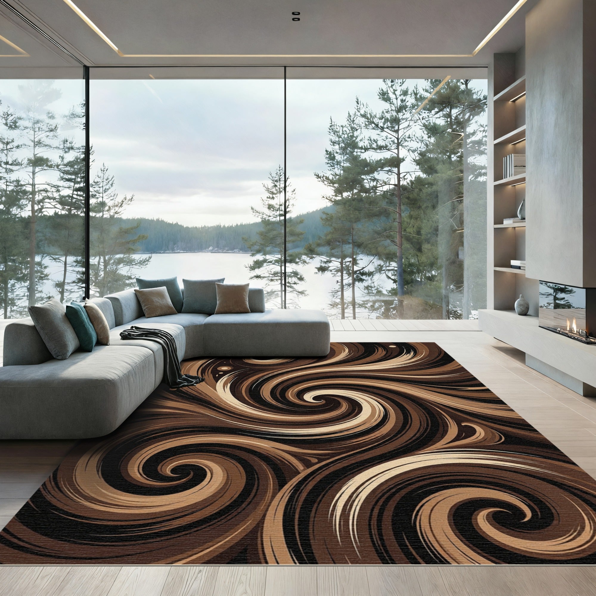 Earthy Chocolate Brown Swirling Abstract Wave Rug