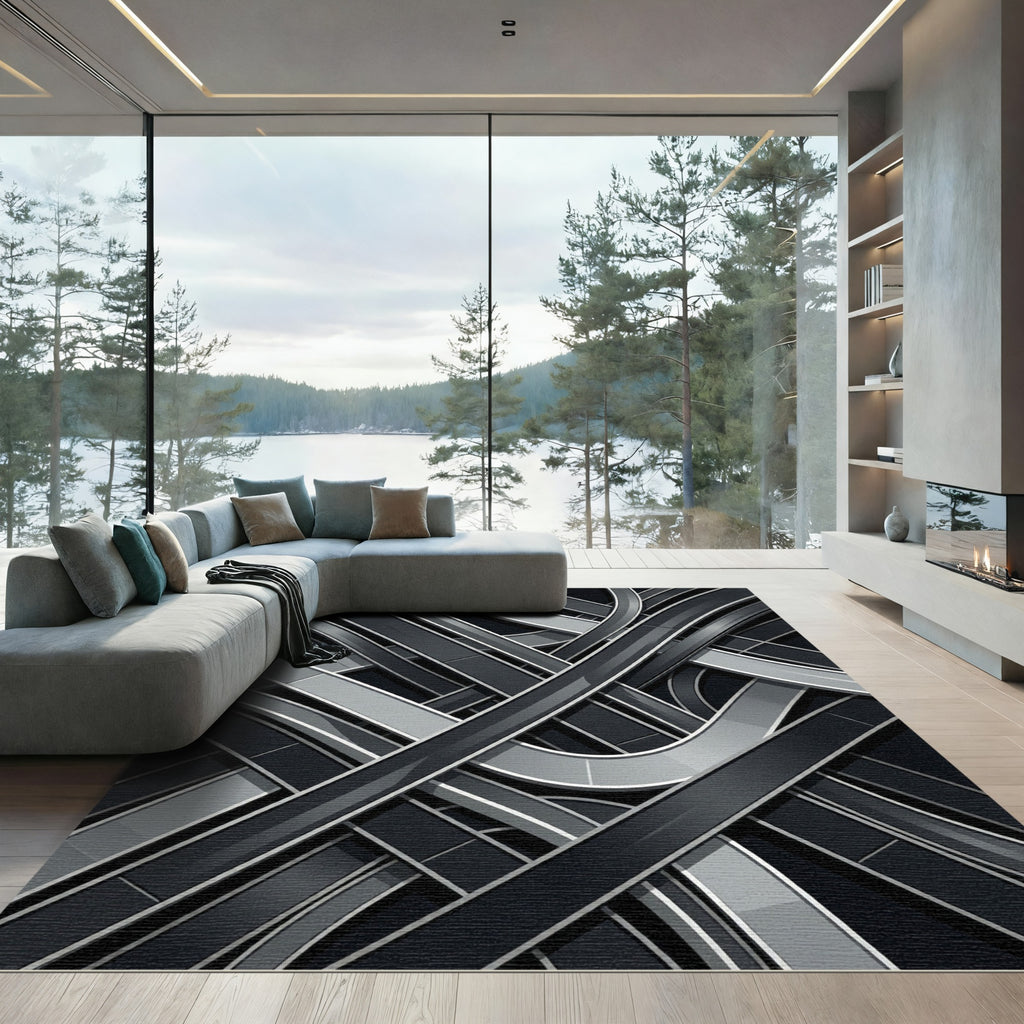 Monochrome Intersecting Highway Overpass Rug
