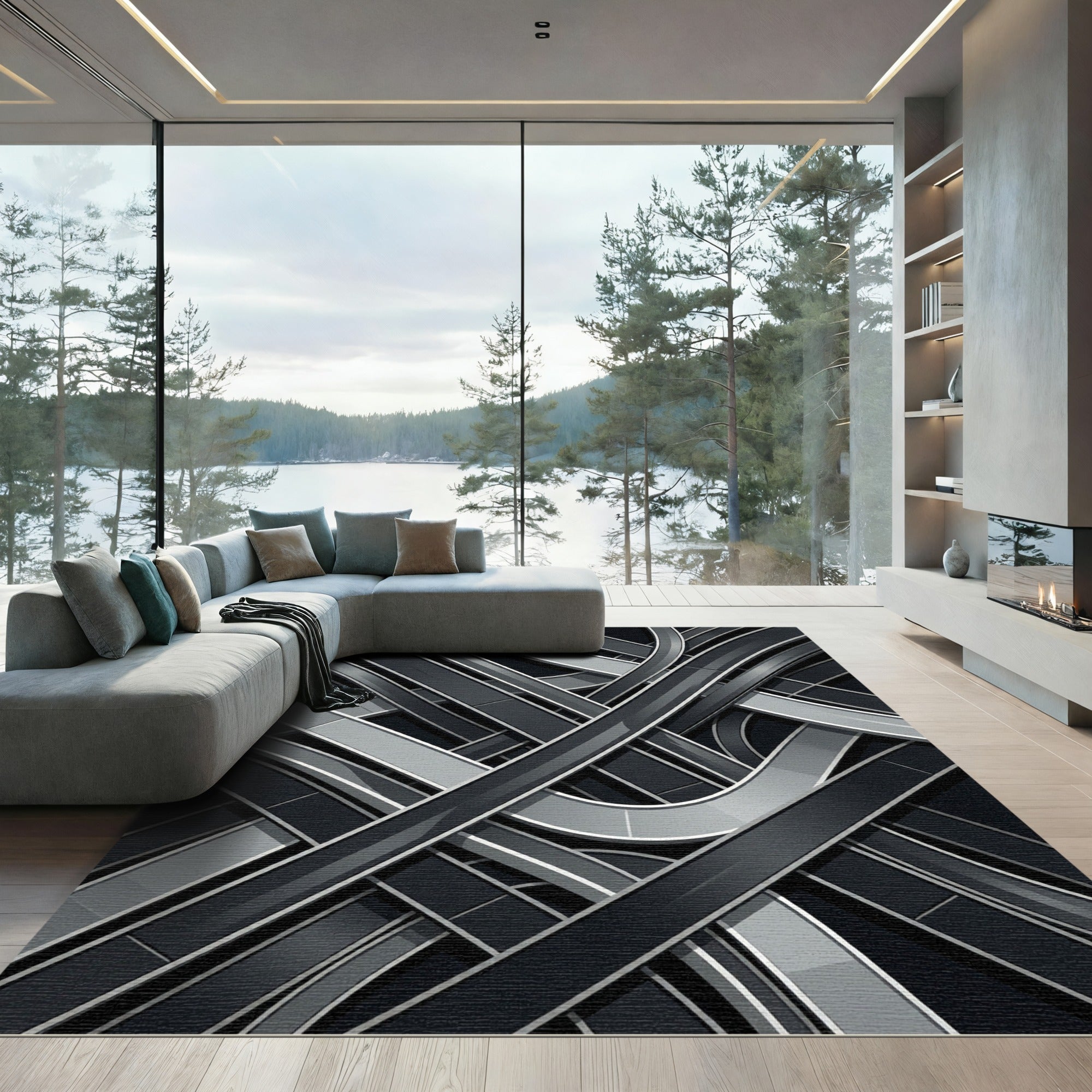 Monochrome Intersecting Highway Overpass Rug