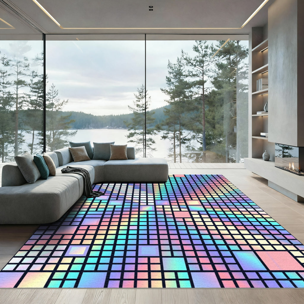Iridescent Holographic Geometric Grid Squares Rug