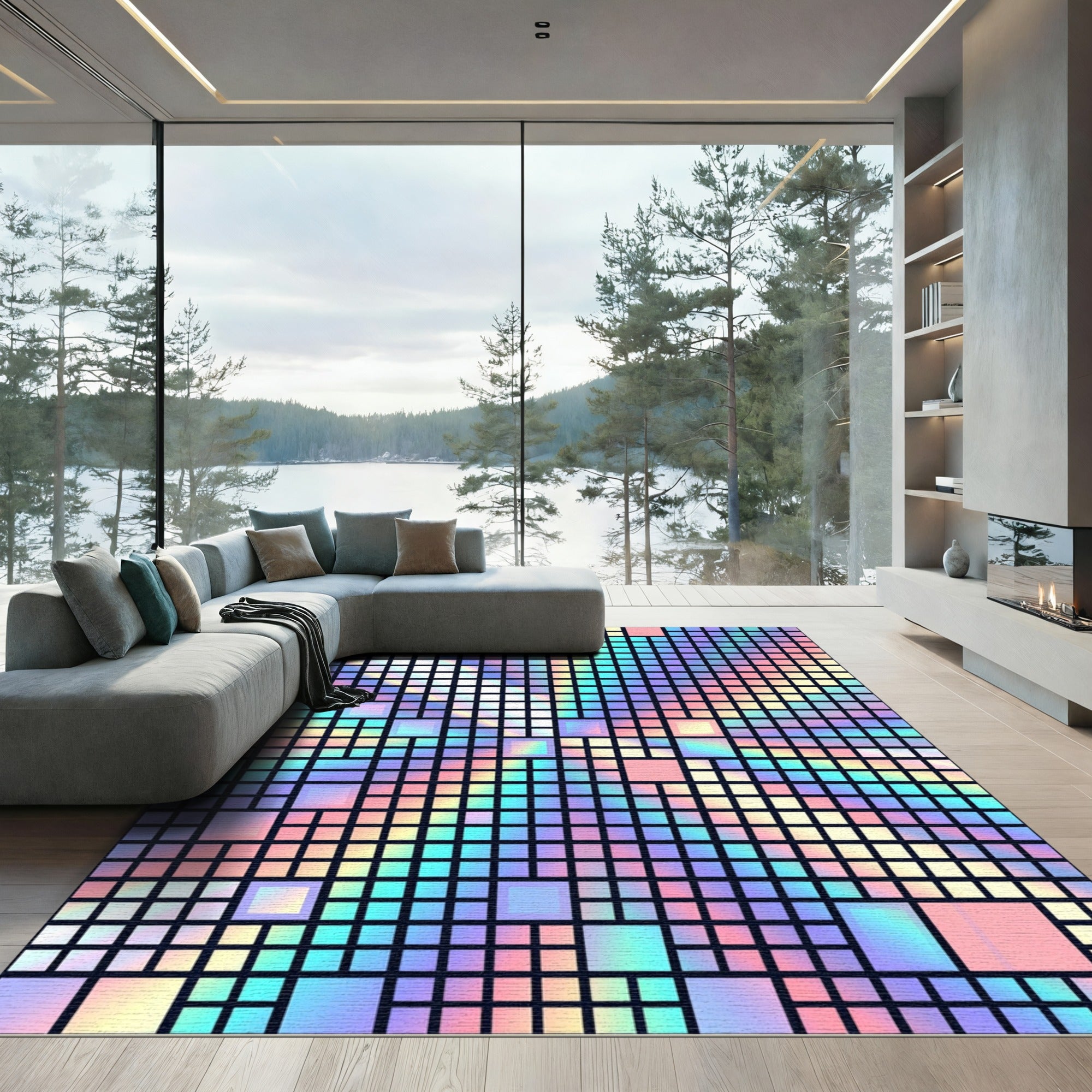 Iridescent Holographic Geometric Grid Squares Rug