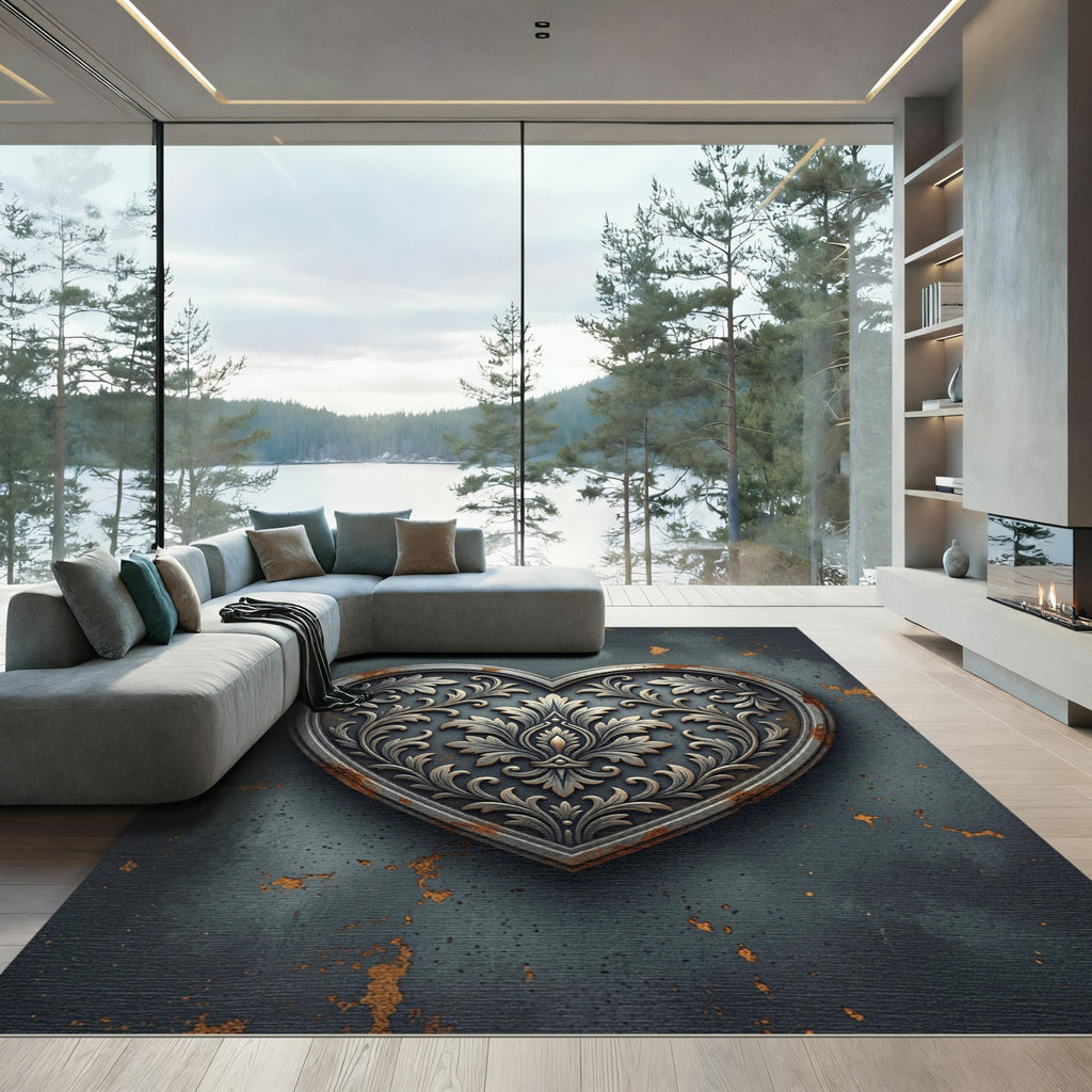 Ornate Grey Floral Heart Medallion Rug