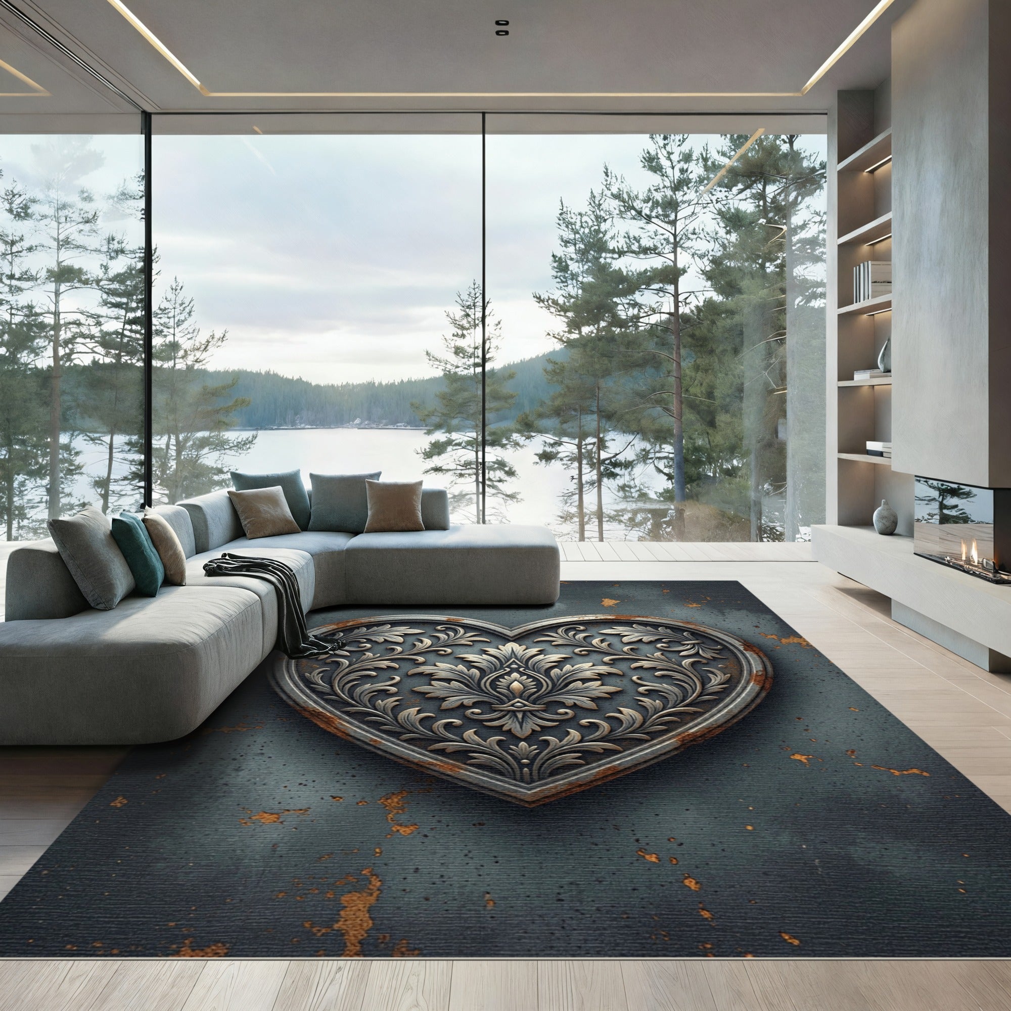 Ornate Grey Floral Heart Medallion Rug