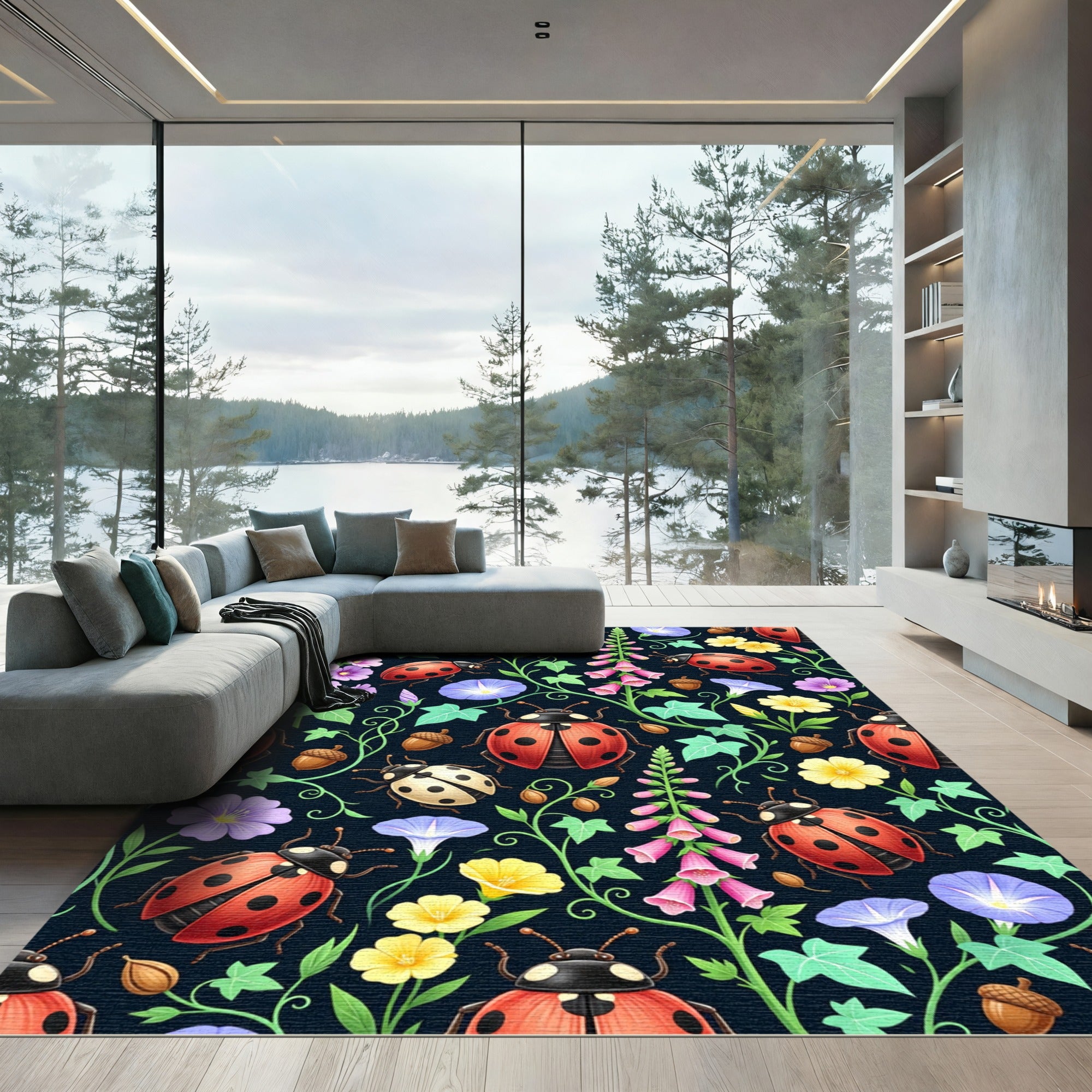 Whimsical Ladybug Garden Floral Rug