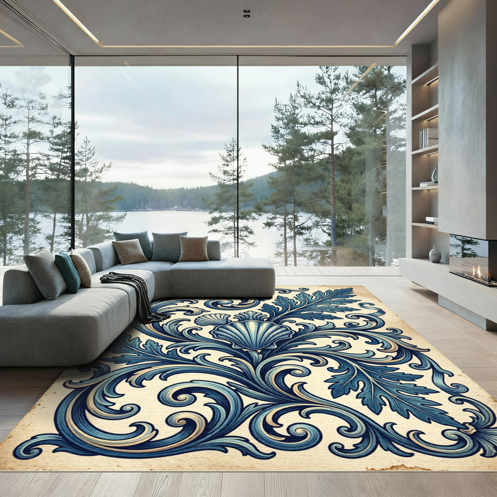 Elegant Blue Shell Acanthus Flourish Rug