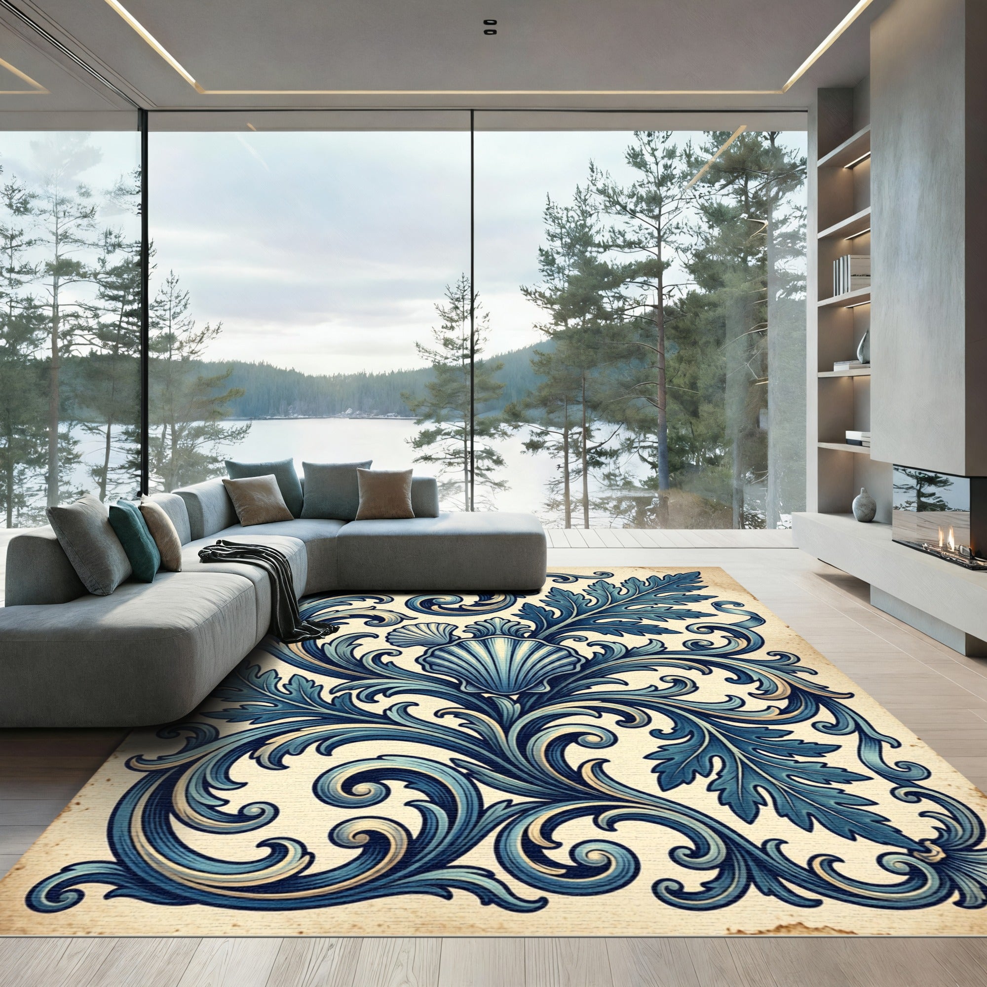 Elegant Blue Shell Acanthus Flourish Rug