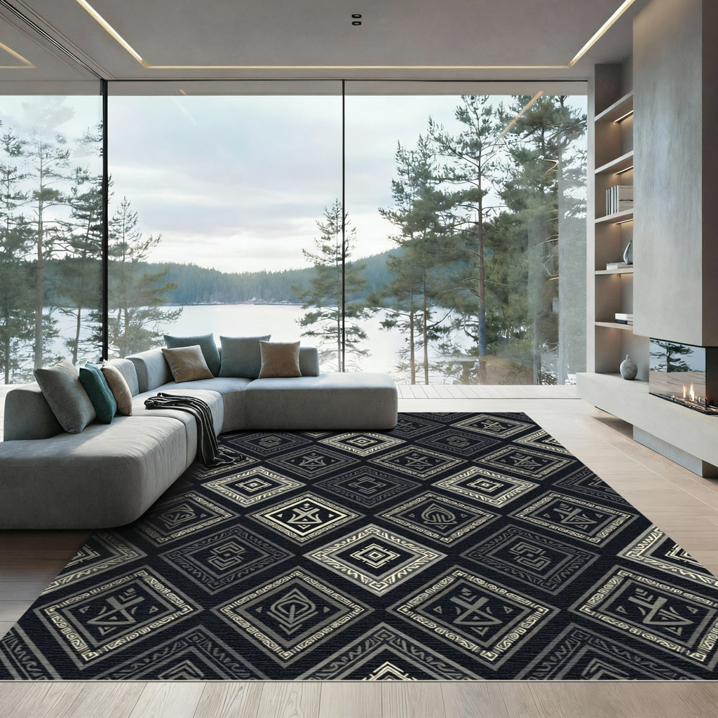 Dark Charcoal Geometric Diamond Monochrome Rug