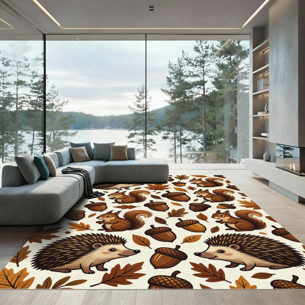 Autumn Woodland Hedgehog and Squirrel Harvest Rug