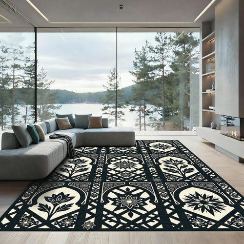 Black and Cream Floral Arch Tile Rug