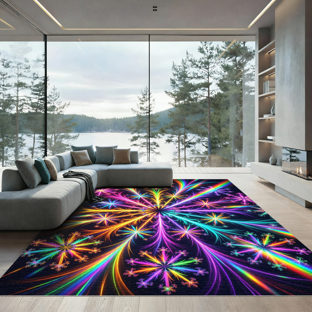 Vibrant Rainbow Fractal Snowflake Kaleidoscope Rug