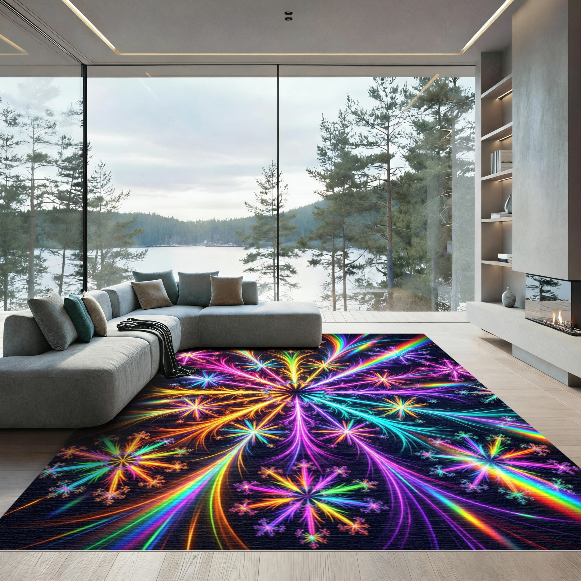 Vibrant Rainbow Fractal Snowflake Kaleidoscope Rug
