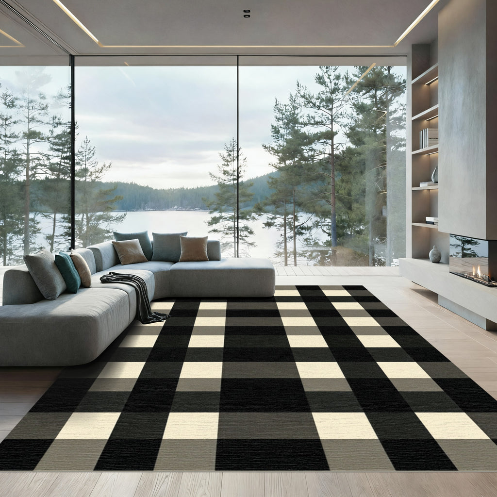Modern Black and Cream Gingham Check Rug