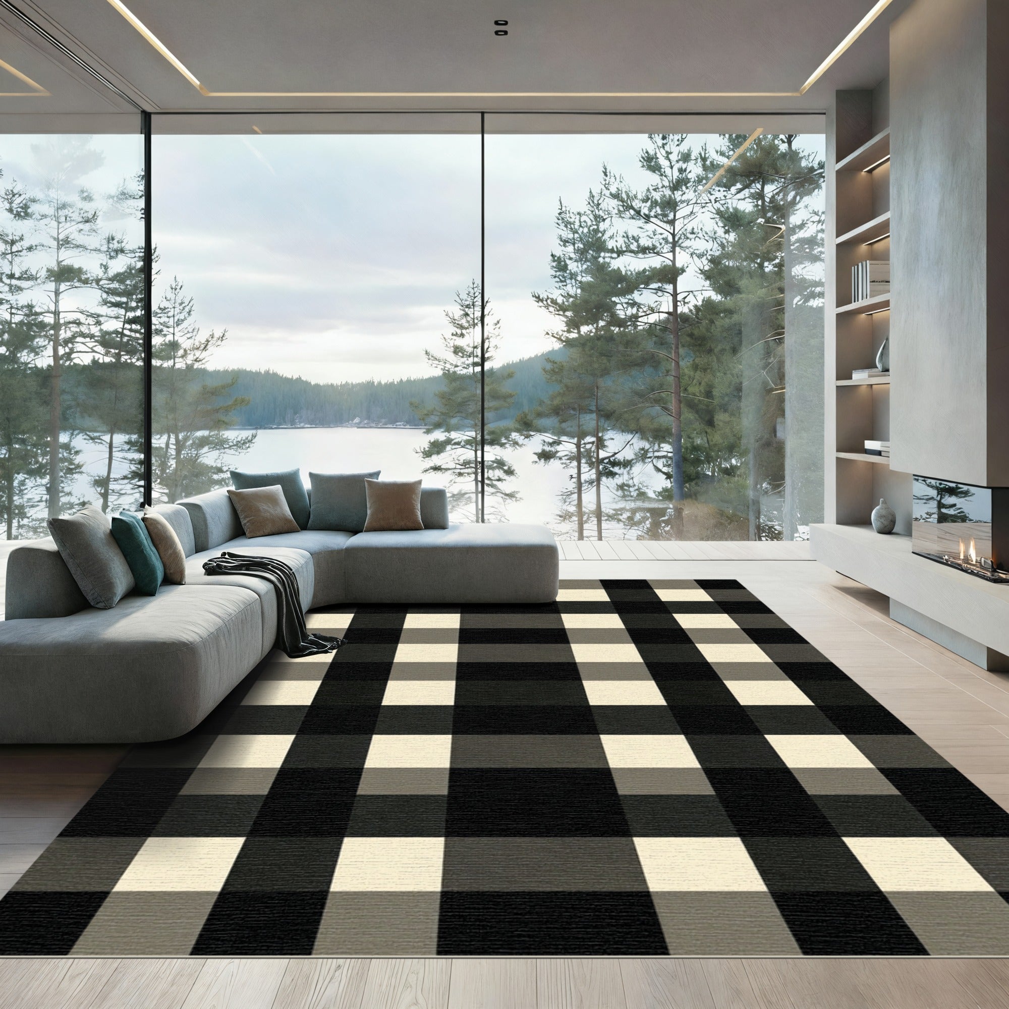 Modern Black and Cream Gingham Check Rug