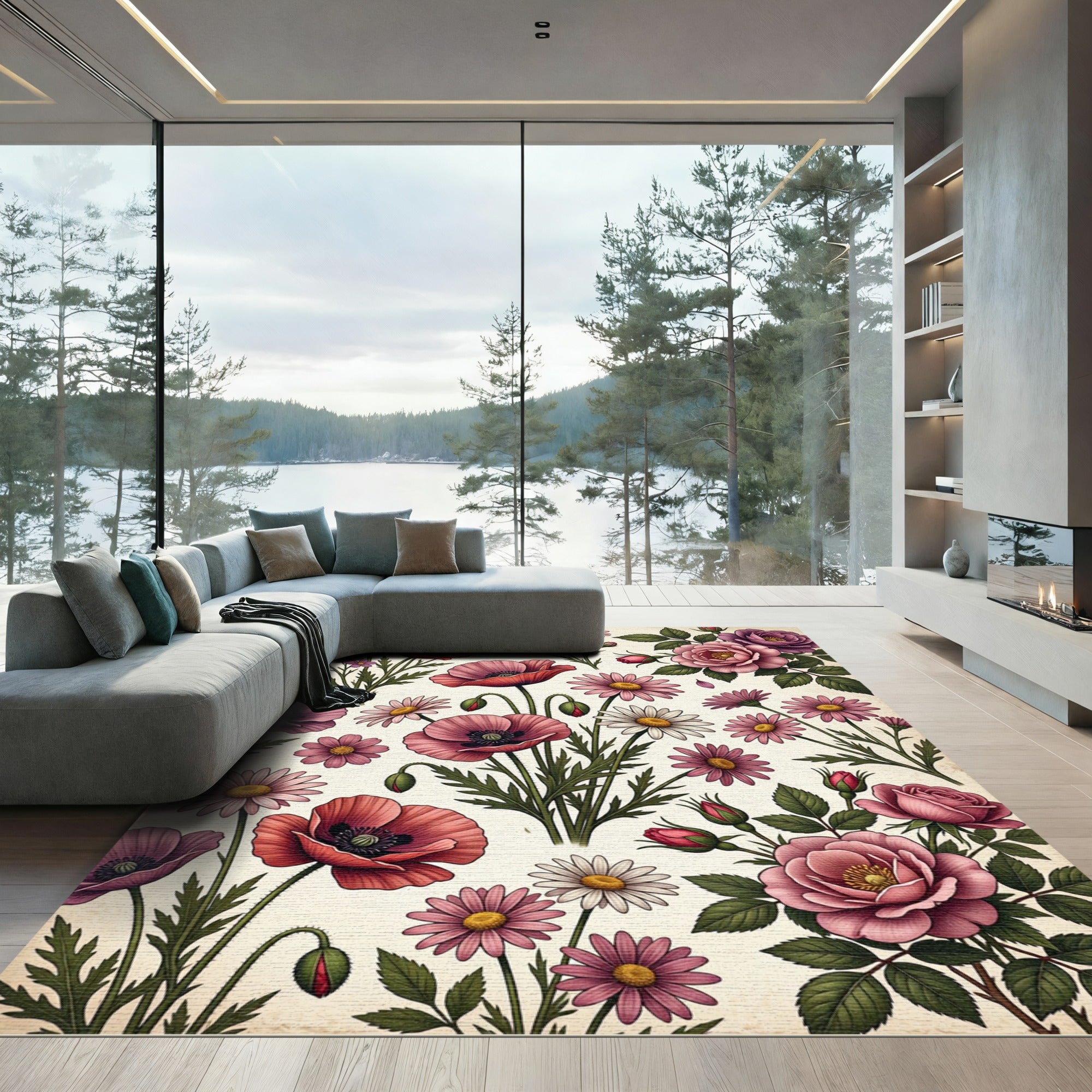 Vintage Pink Poppy Wildflower Garden Rug