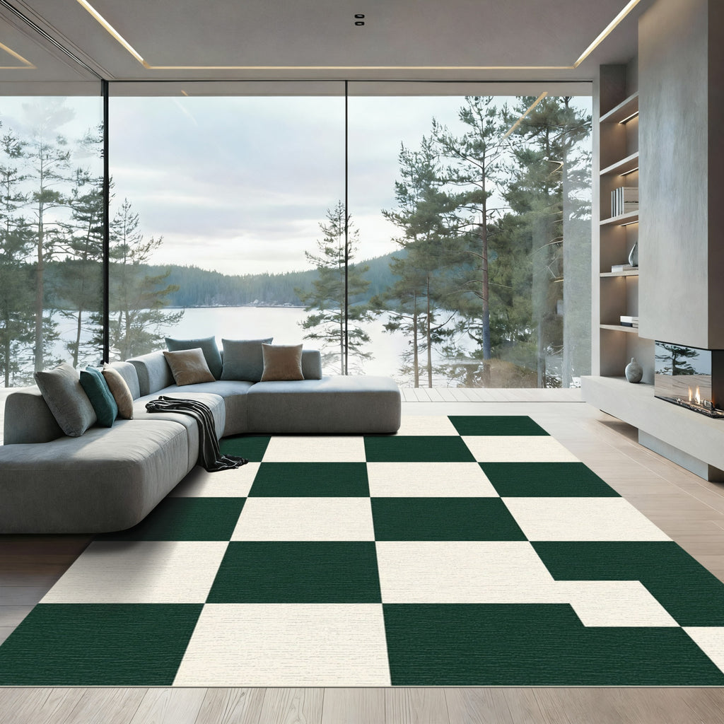 Bold Forest Green Checkered Grid Rug
