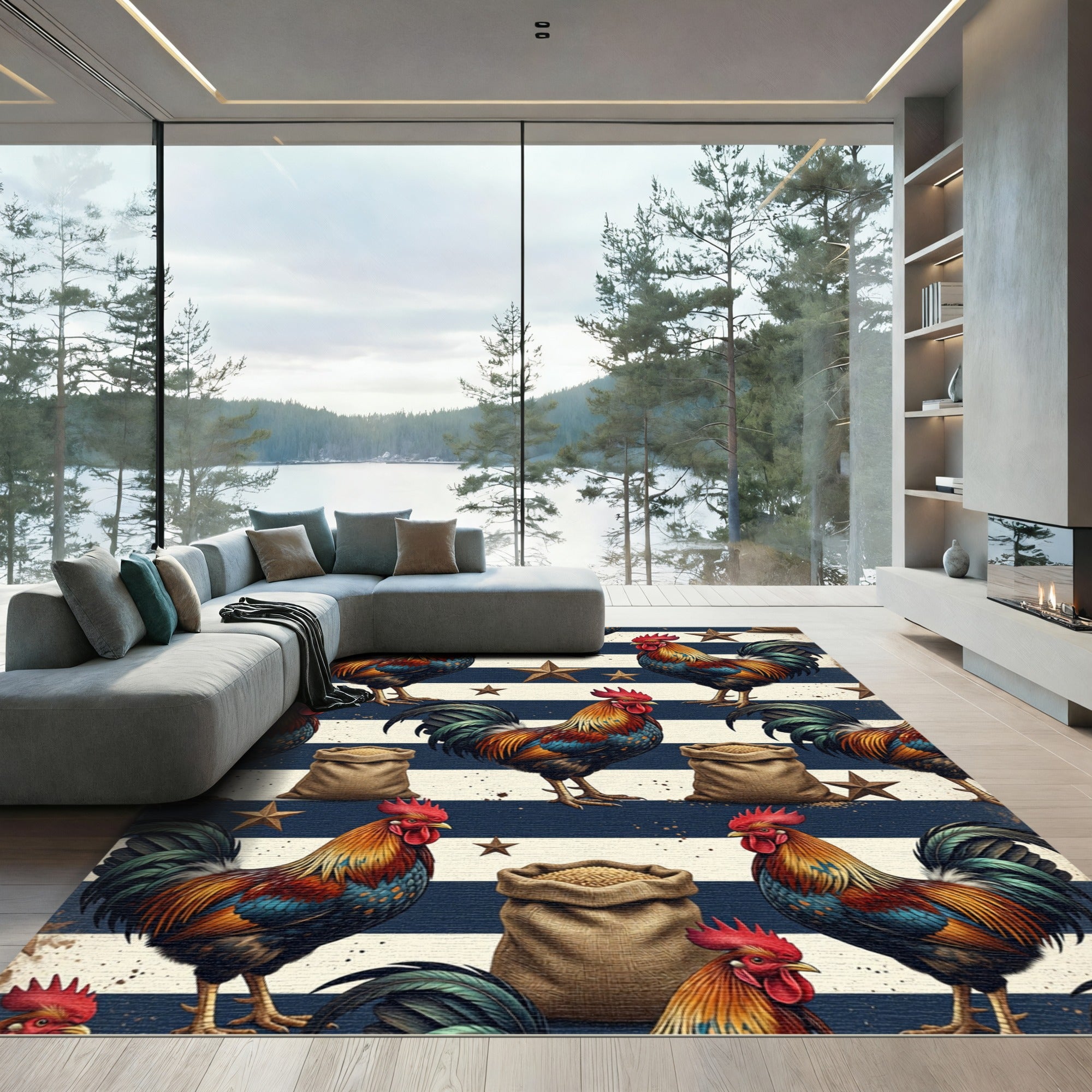 Rustic Americana Rooster Striped Star Artwork Rug