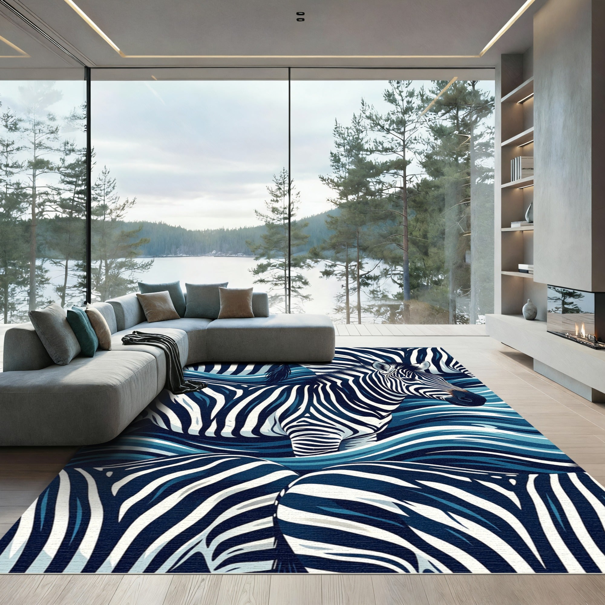 Navy Zebra Striped Abstract Wave Rug