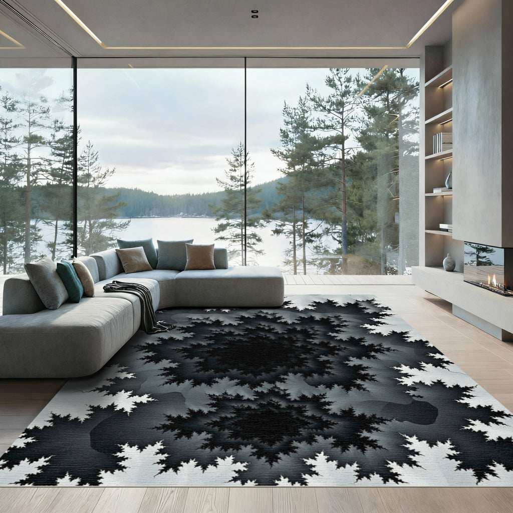 Monochrome Fractal Swirl Abstract Art Rug