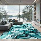 Modern Teal Fluid Abstract Wave Rug