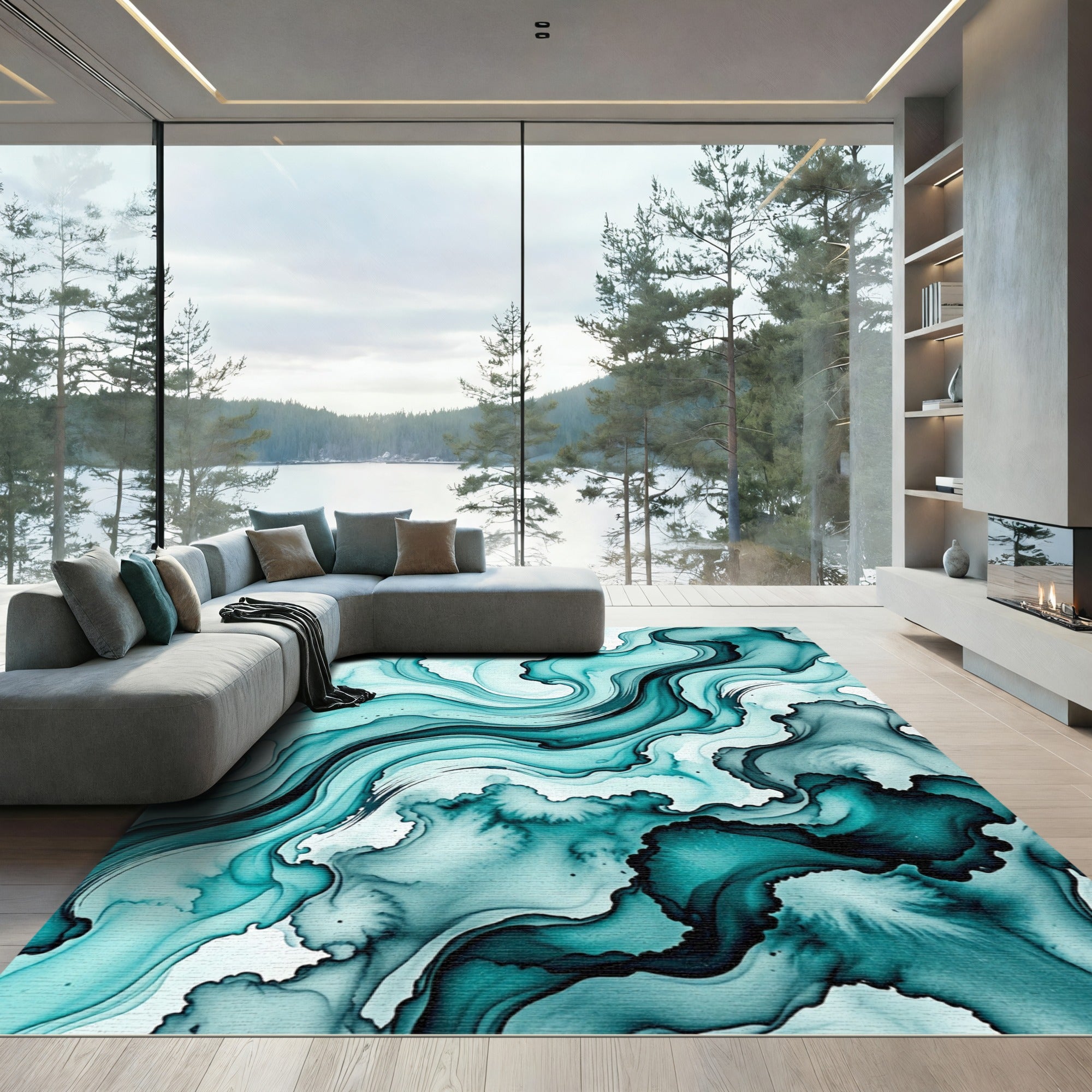 Modern Teal Fluid Abstract Wave Rug