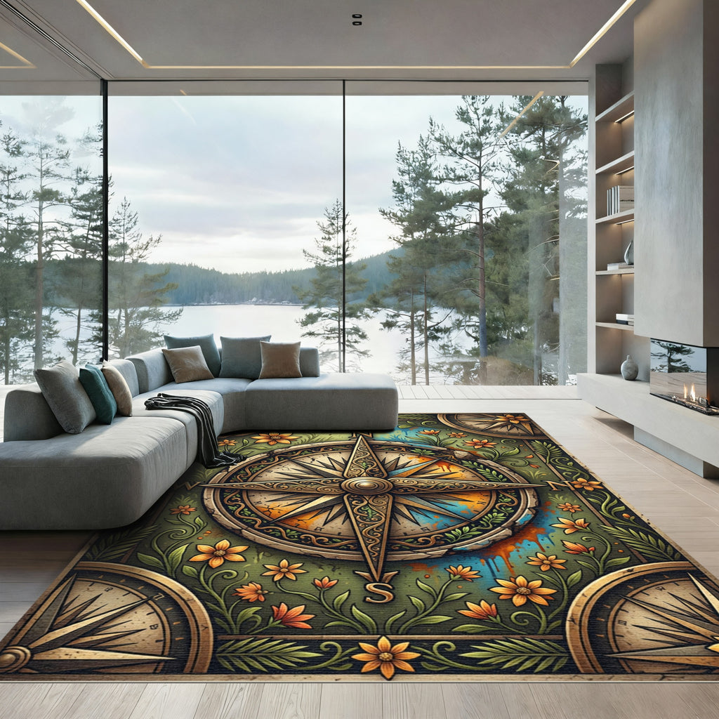 Vintage Golden Compass Floral Botanical Earthy Rug