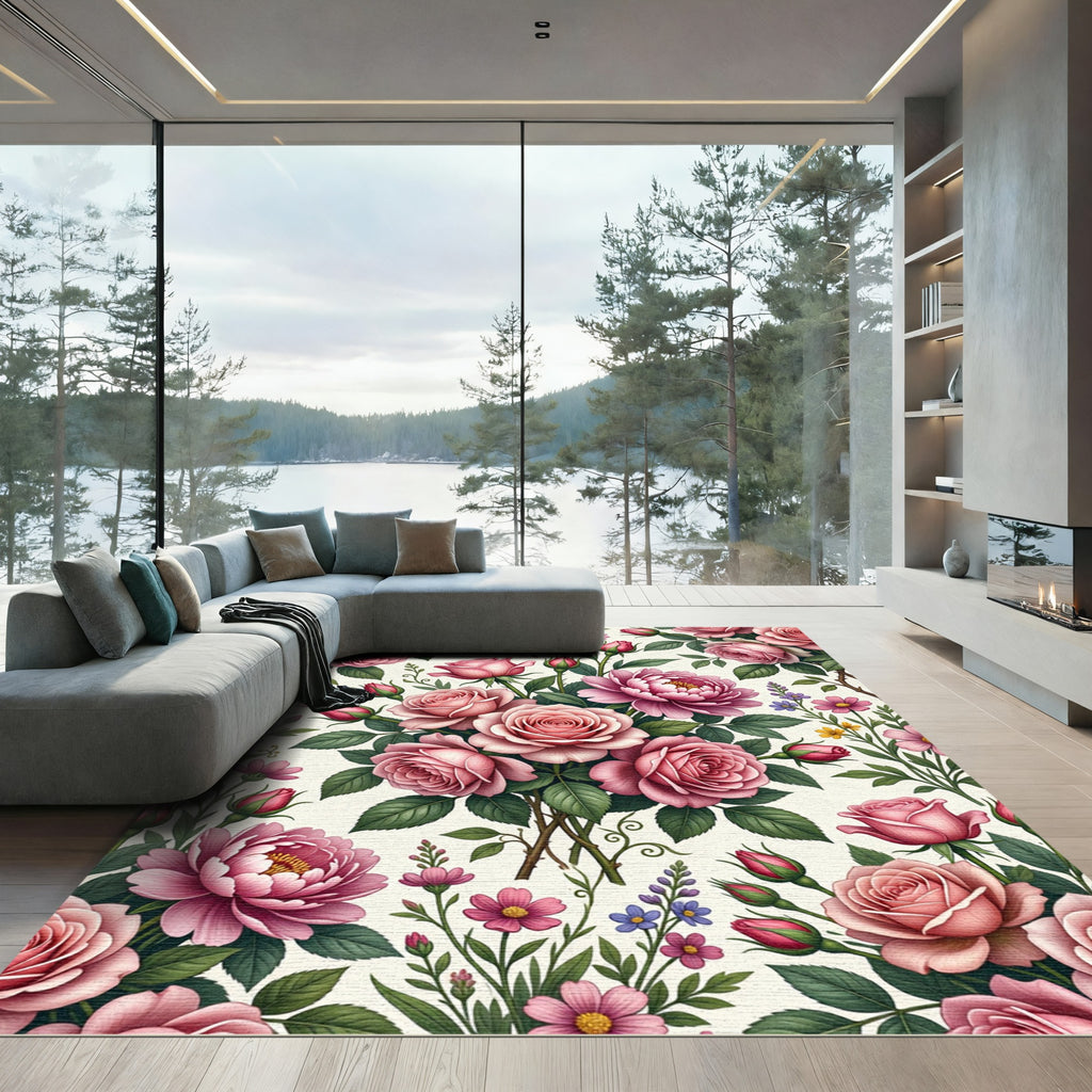 Romantic Pink Rose Floral Bouquet Rug