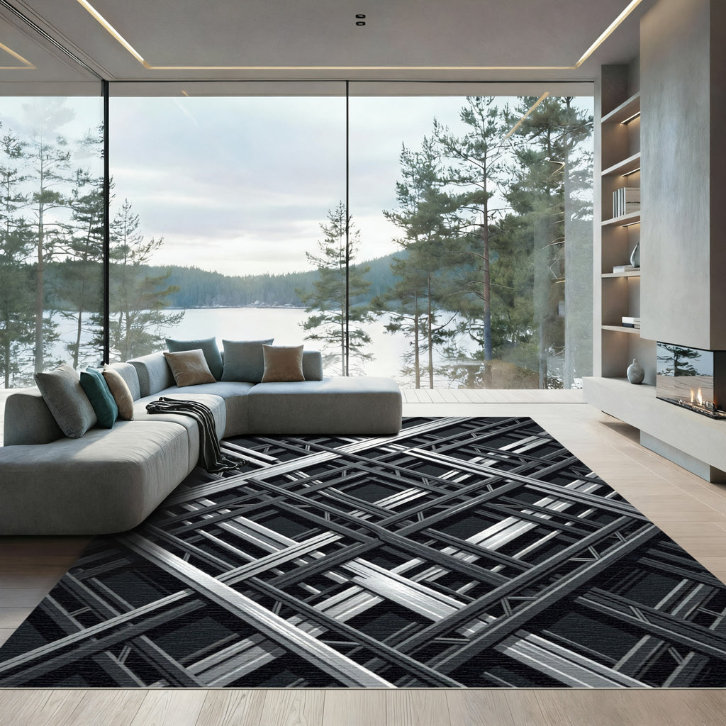 Industrial Silver Grid Geometric Monochrome Rug
