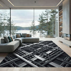 Industrial Silver Grid Geometric Monochrome Rug