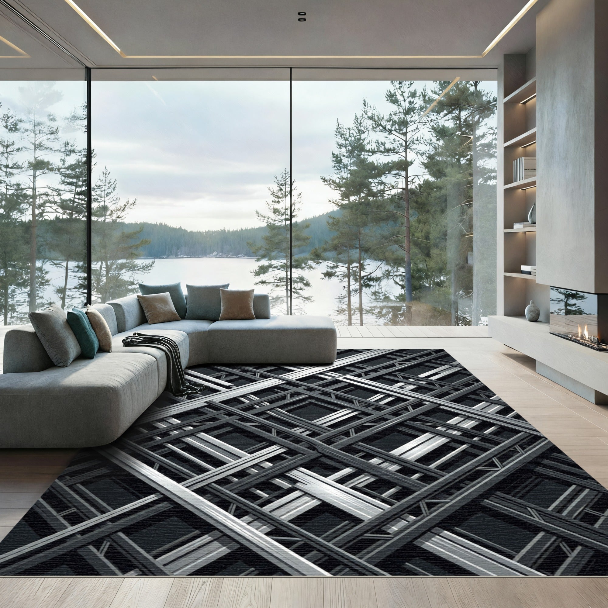 Industrial Silver Grid Geometric Monochrome Rug