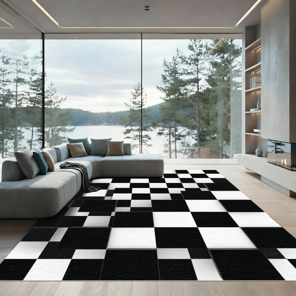 Modern Three Dimensional Black White Checkered Rug