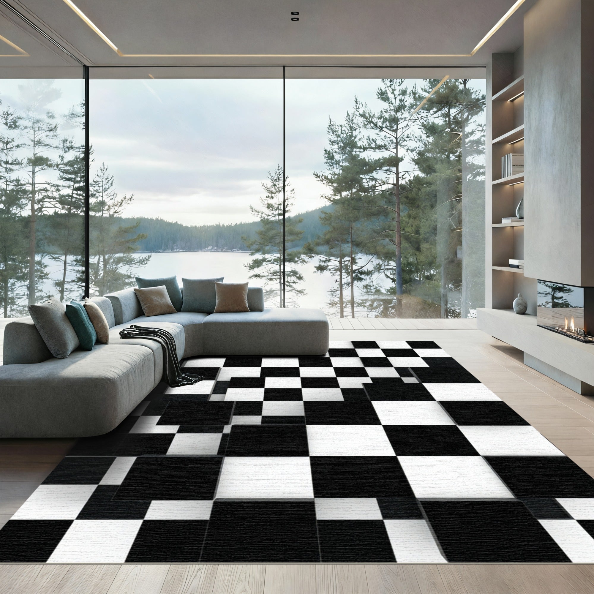 Modern Three Dimensional Black White Checkered Rug