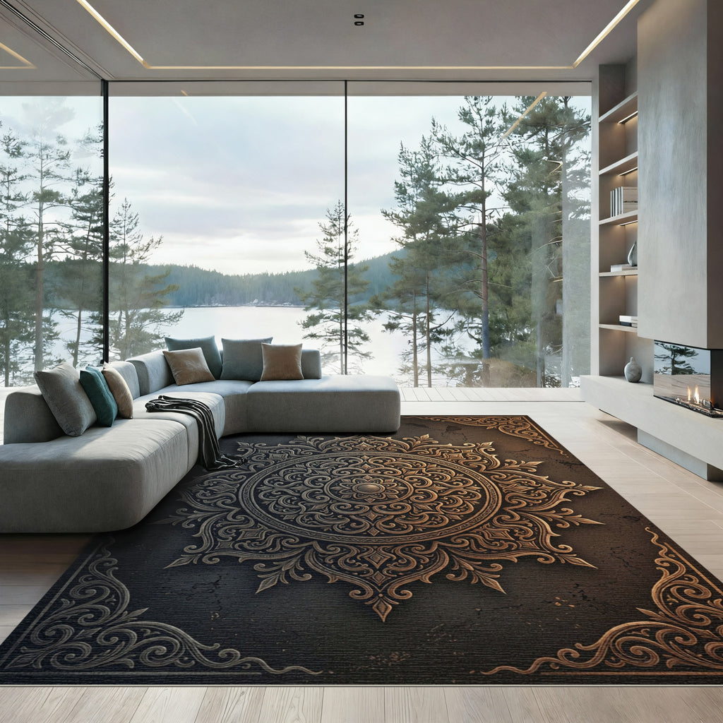 Ornate Bronze Metallic Filigree Medallion Rug