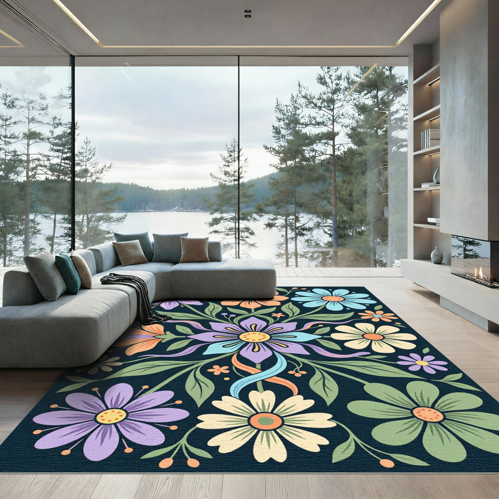 Vibrant Floral Meadow Dark Navy Accent Rug
