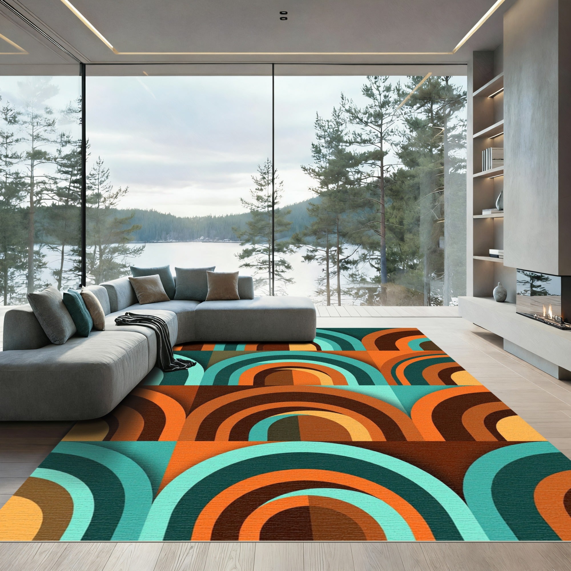 Retro Mid Century Arched Teal Orange Rug