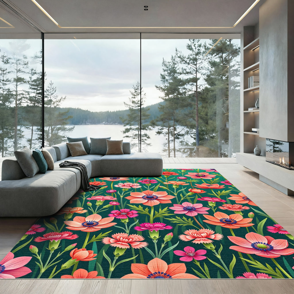 Vibrant Coral Anemone Garden Teal Meadow Rug