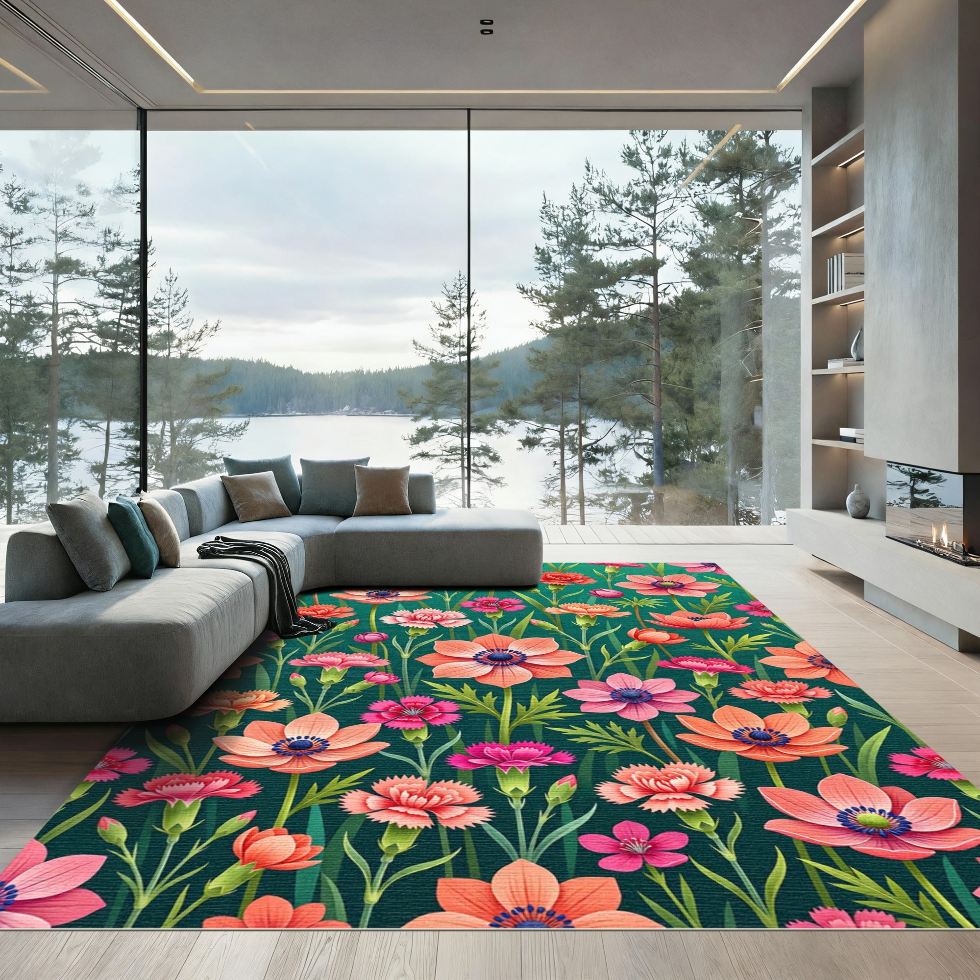Vibrant Coral Anemone Garden Teal Meadow Rug