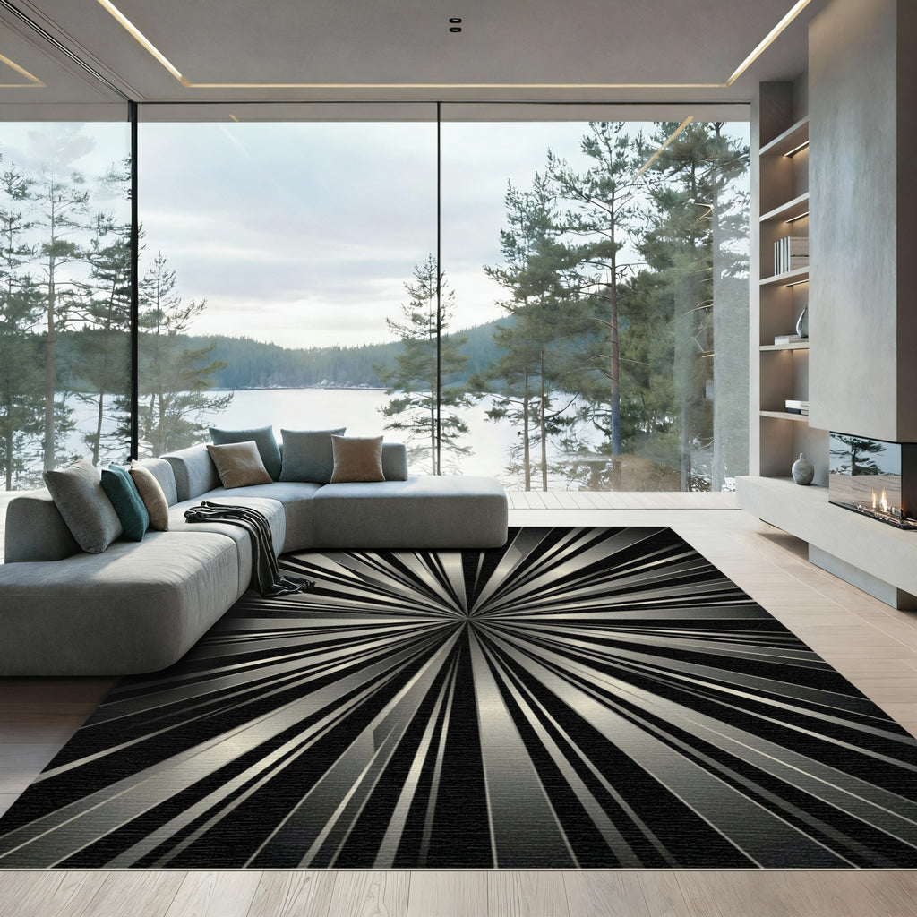 Modern Black Silver Burst Rug