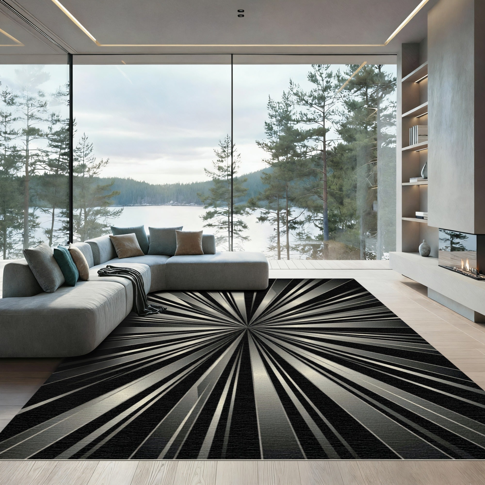 Modern Black Silver Burst Rug