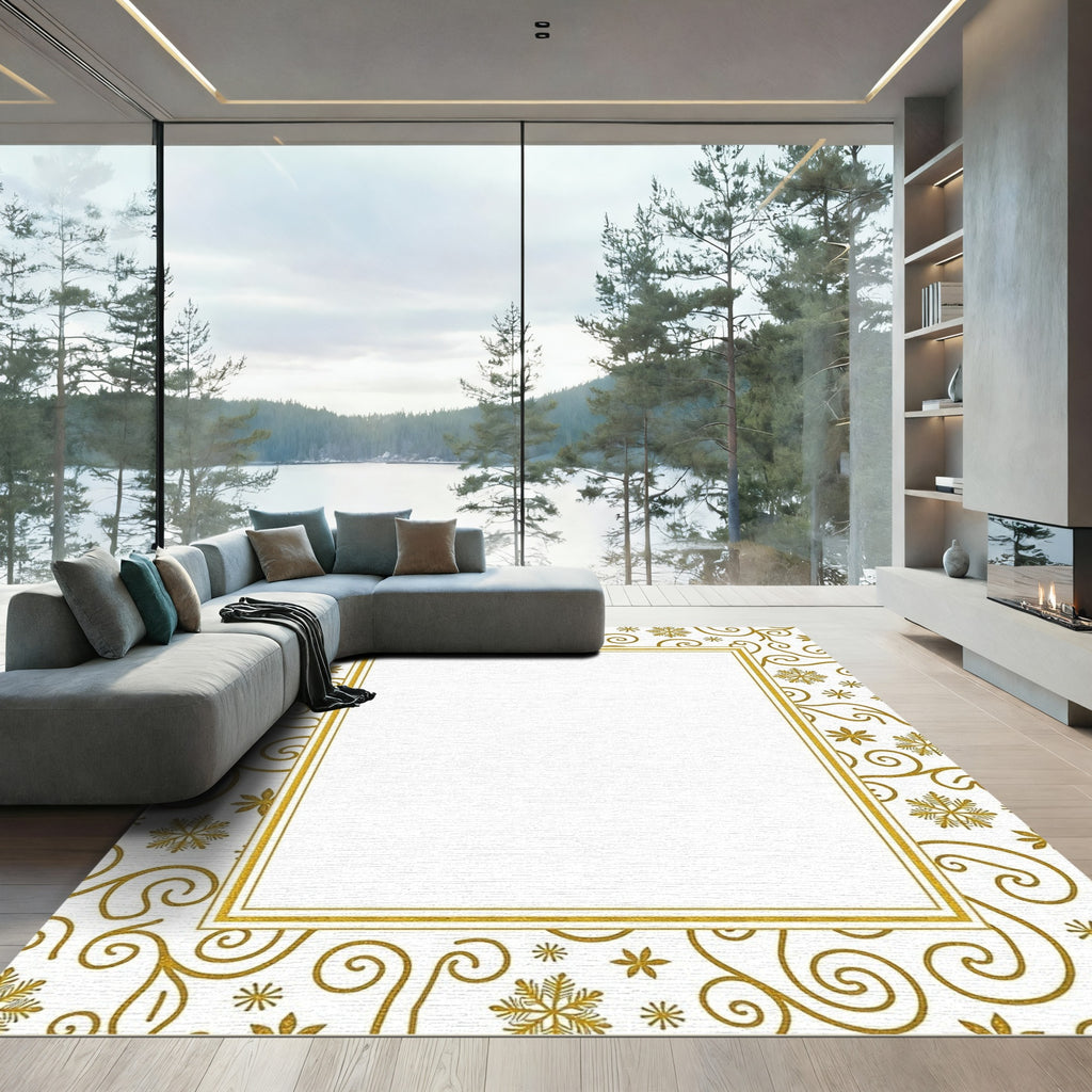 Golden Snowflake Swirl Frame Rug