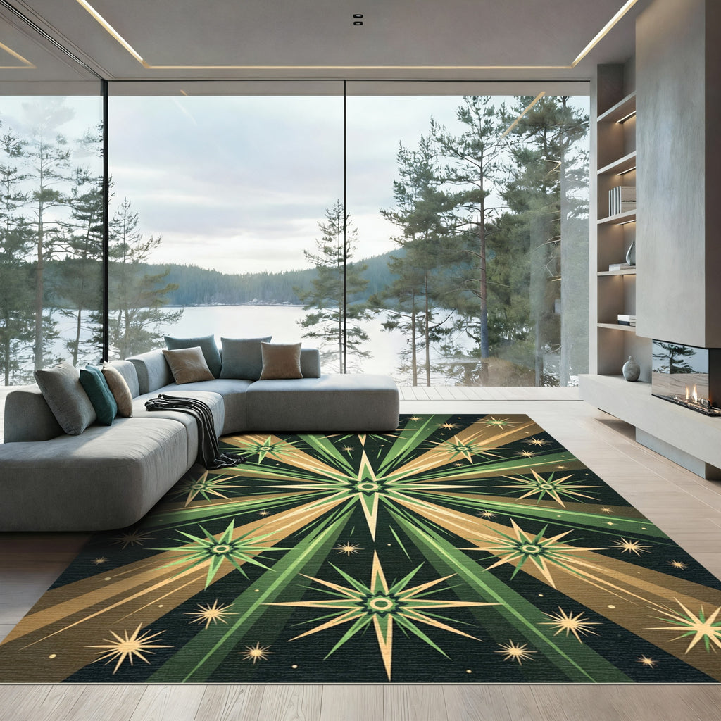 Radiant Green and Gold Starburst Rug