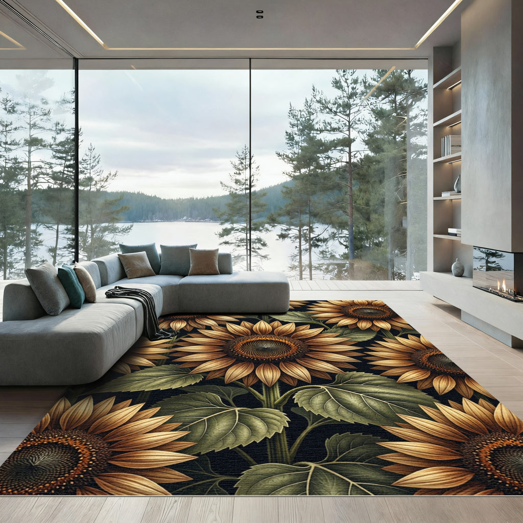 Golden Sunflower Botanical Floral Art Rug