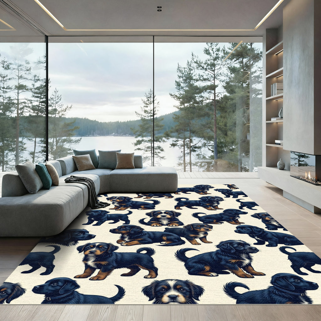 Playful Black Puppy Dog Illustration Rug