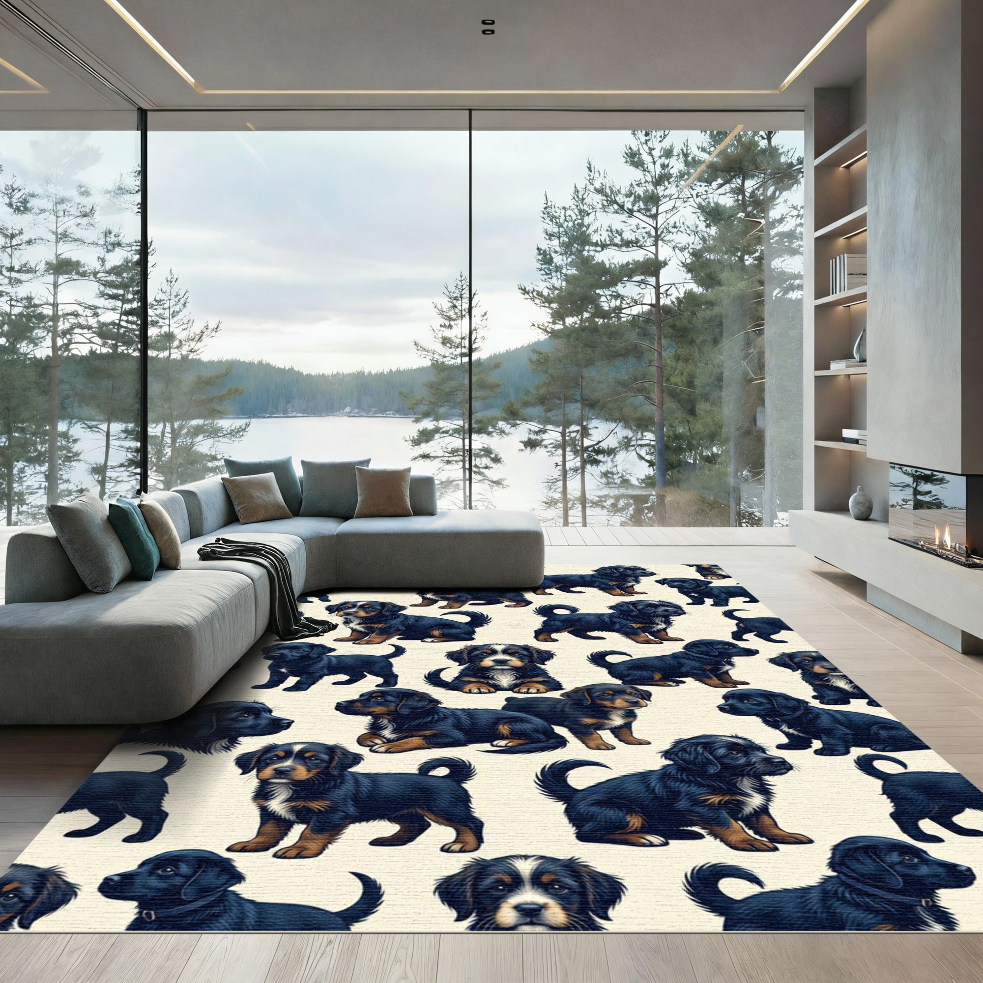 Playful Black Puppy Dog Illustration Rug