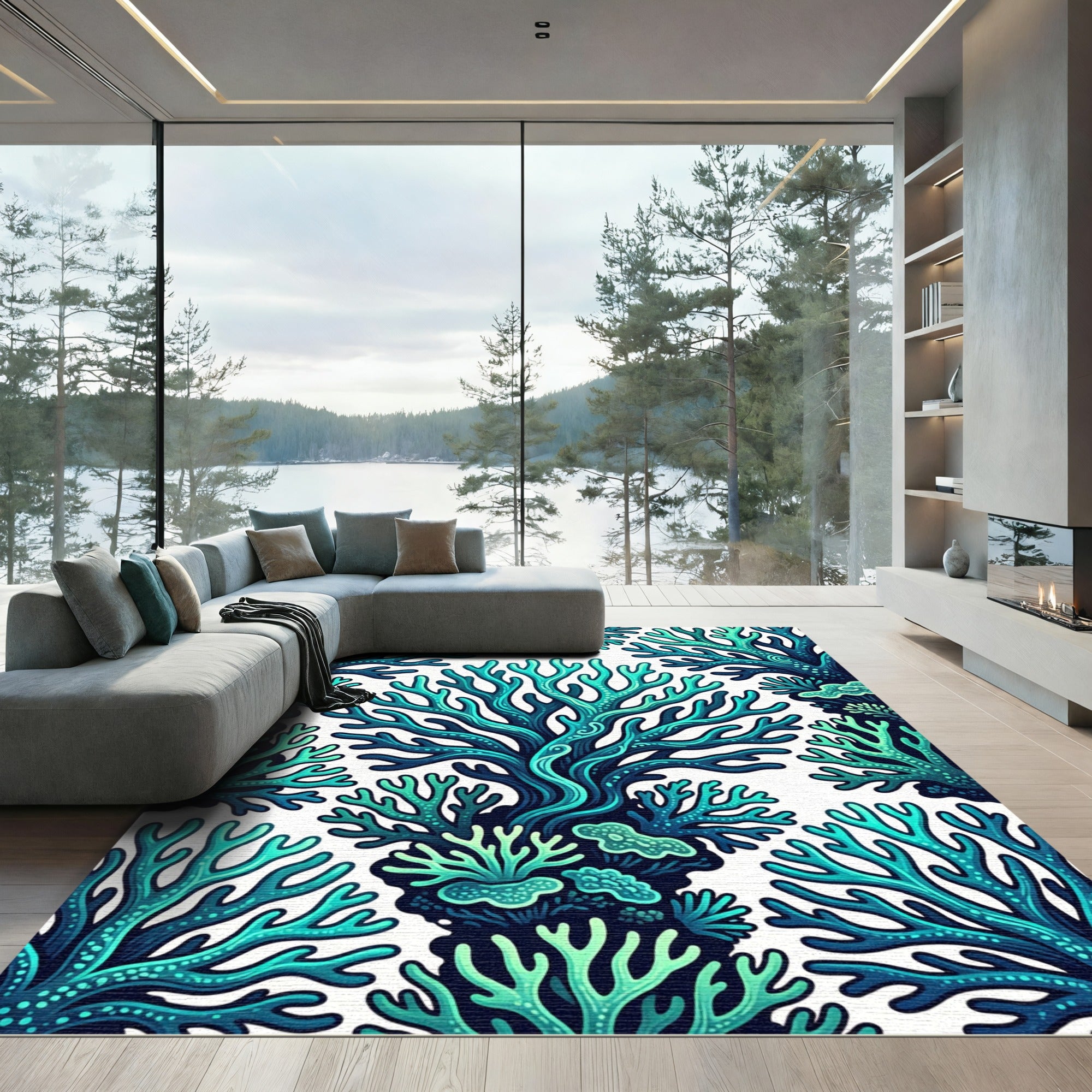 Vibrant Turquoise Aquatic Coral Reef Rug