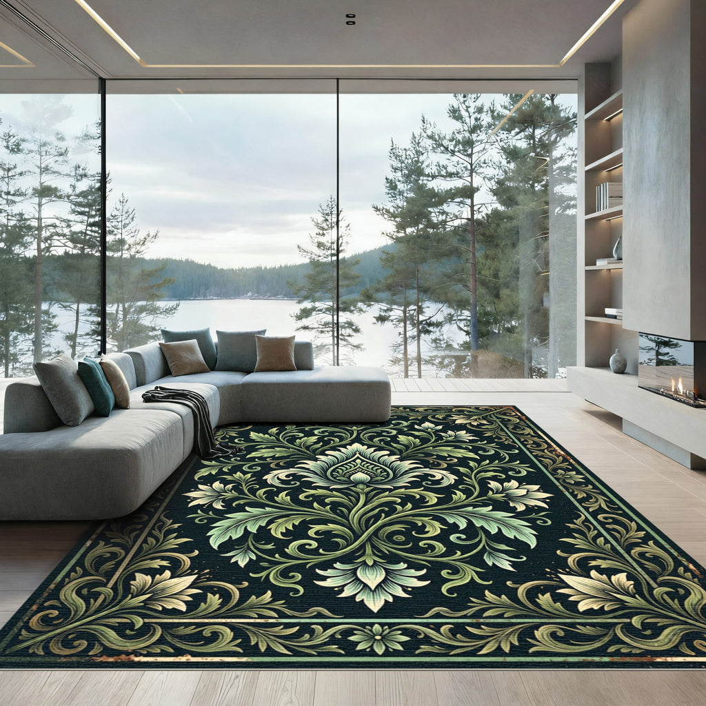 Elegant Sage Botanical Damask Scroll Rug