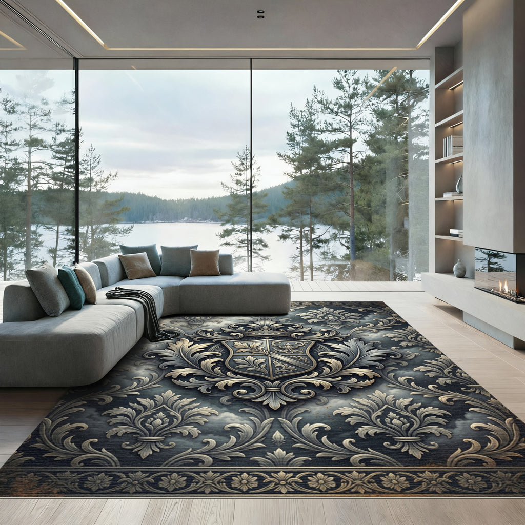 Elegant Silver Crest Damask Slate Grey Rug