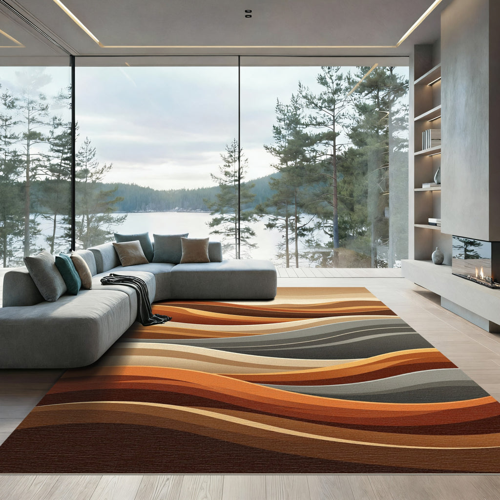 Earthy Organic Layered Terracotta Abstract Wave Rug